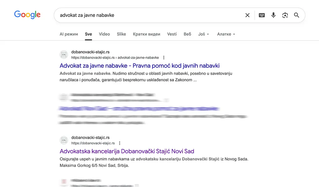 Advokat za javne nabavke primer SEO rezultata