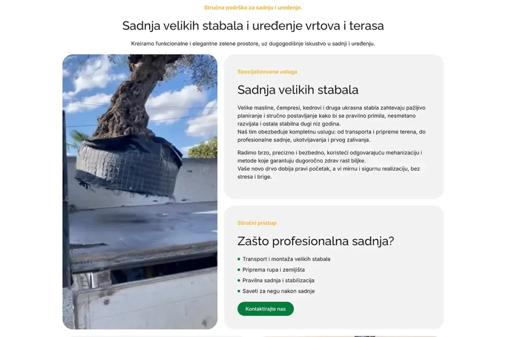 Primer sajta sa video prikazom usluge sadnje velikih stabala