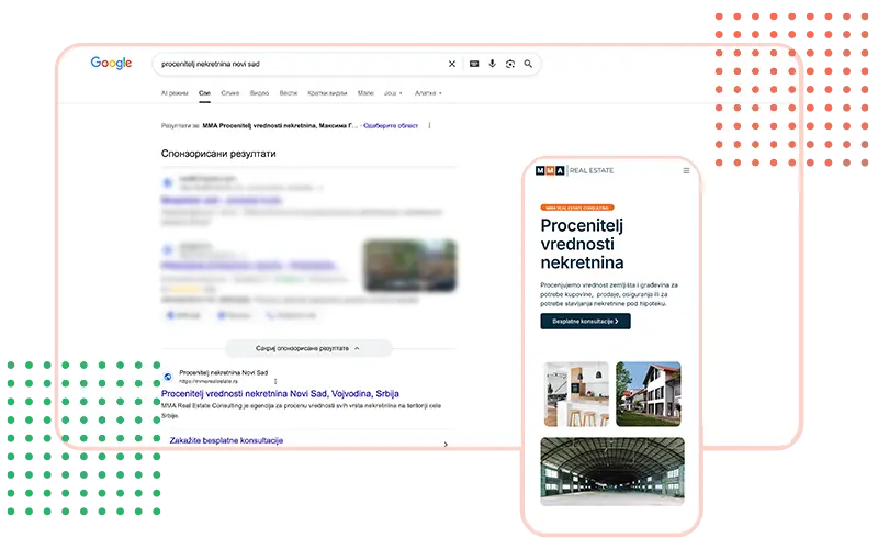 Snimak ekrana Google rezultat prvi u pretrazi MMA Real Estate Procenitelj nekretnina Novi Sad SEO Strumark