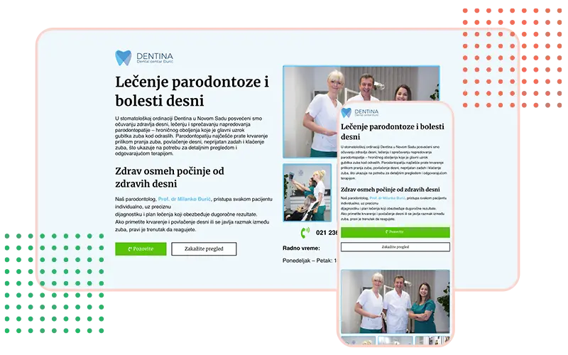 Snimak ekrana landing stranica za stomatologa Dentina Izrada Strumark