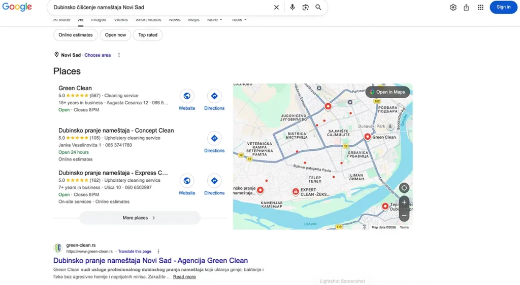 Google pretraga Dubinsko čišćenje nameštaja Novi Sad