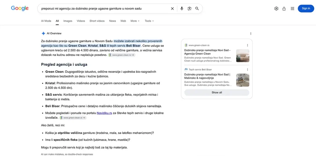 Prikaz naseg klijenta u AI odgovorima - Gemini