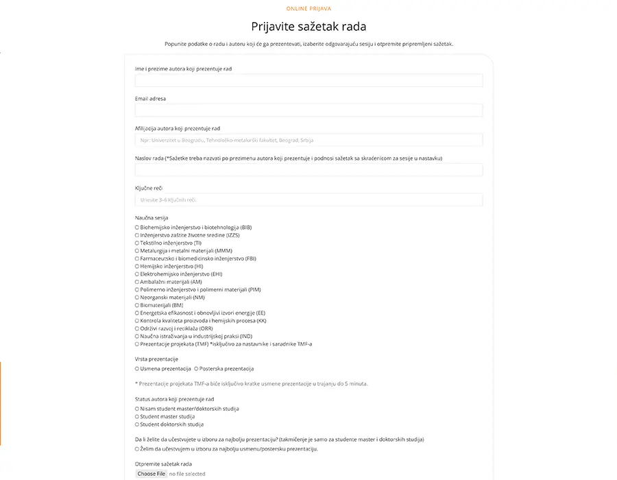 Stranica sa formularom za prijavu rada